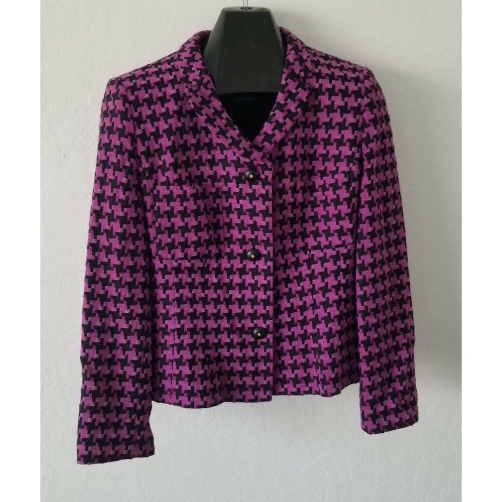 Mondi City Womens Sz 40 Virgin Wool Blend Houndstooth Blazer Lined Black Purple